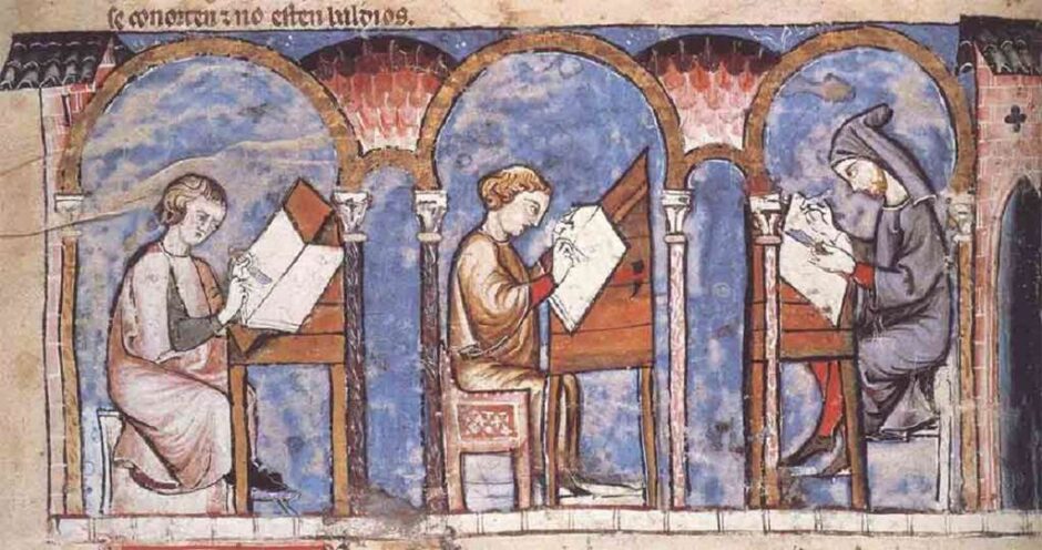 Moines copistes dans un scriptorium in Livre des jeux XIIIeme Bibliotheque de lEscurial Madrid